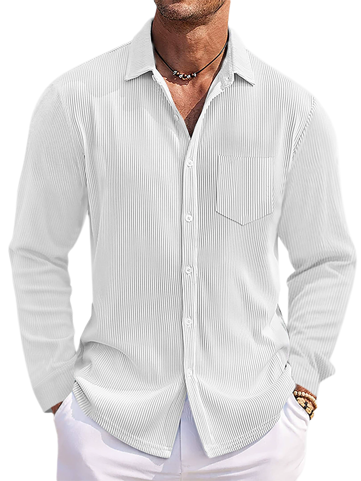 Men's Striped Long Sleeve Shirt Loose Fit Cotton-Polyester Blend
