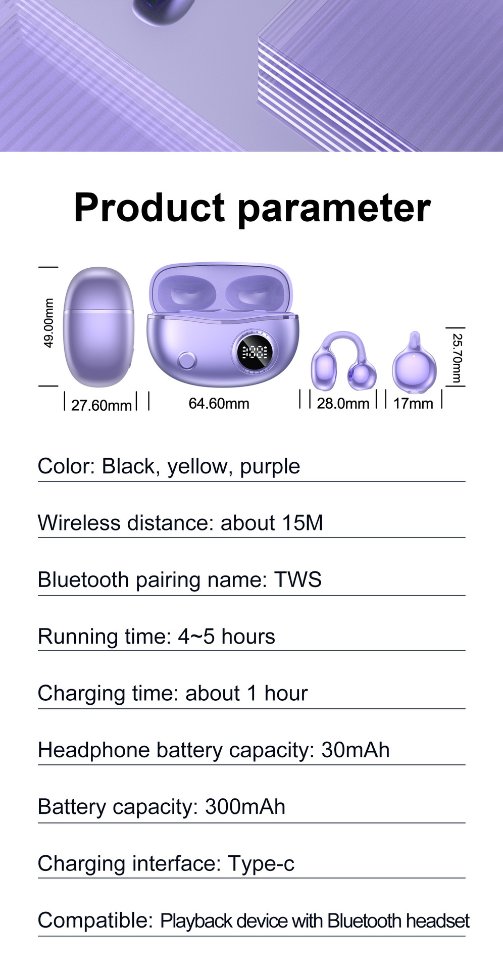 Intelligent Digital Display Bluetooth 5.4 Earbuds with Long Battery Life and Master-Slave Switching