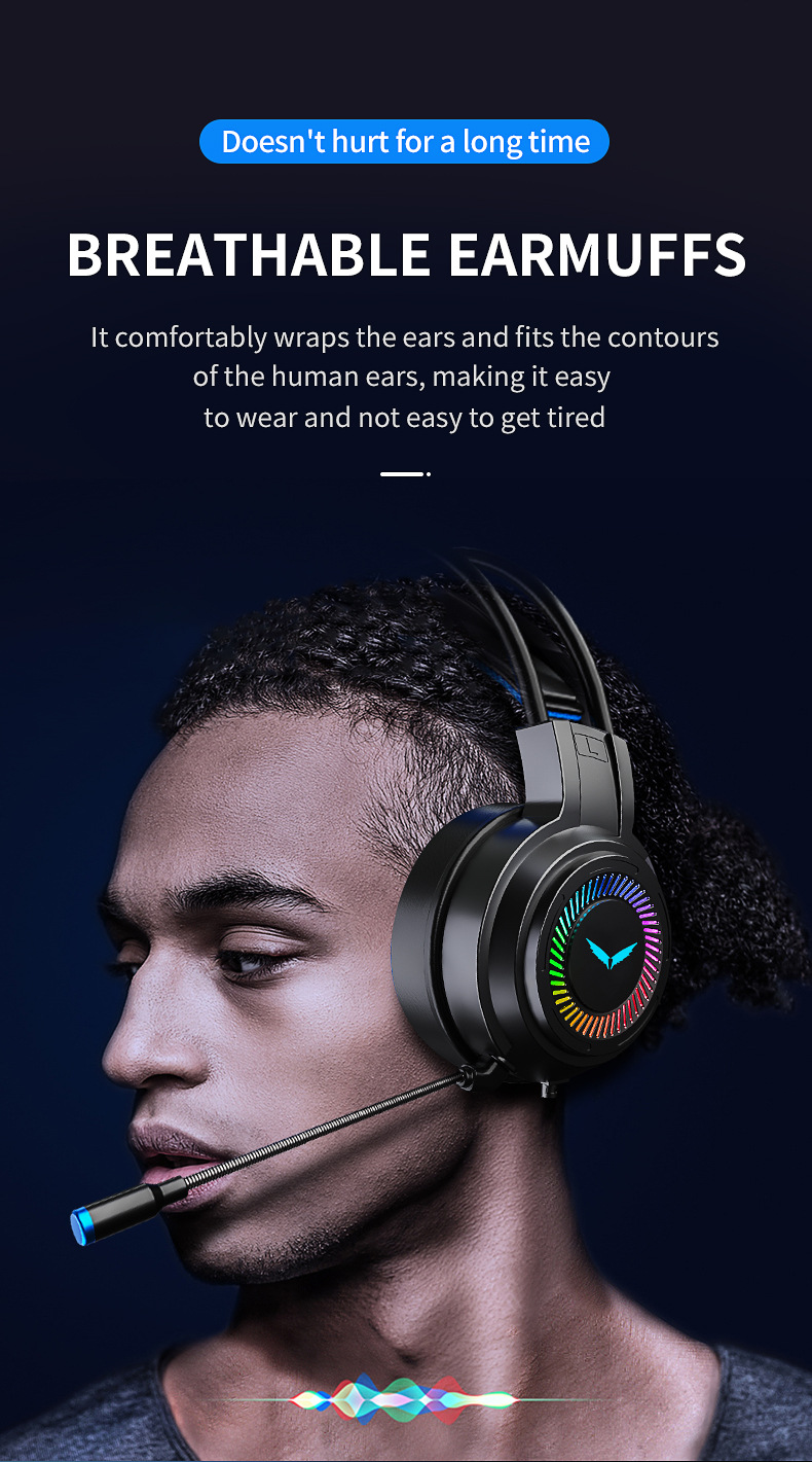 RGB Gaming Headset with Noise-Cancelling Microphone and 50mm Speaker - Black with 7-Color Lighting, Dual Plug, for Desktop Computers
