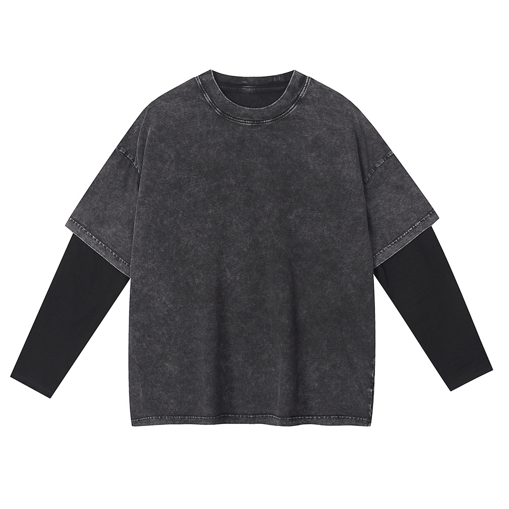 Men’s 300 GSM Distressed Cotton Blend T-Shirt – Relaxed Fit Long Sleeve, Contrast Panel Design