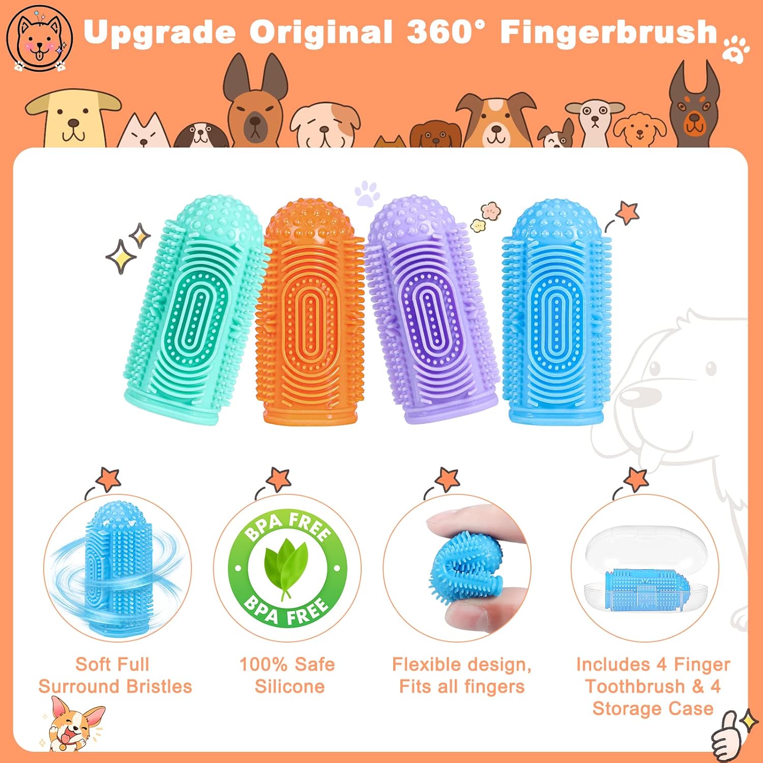 🐶Dog Toothbrush Finger Toothbrush Dogs Tooth Brushing Kit 4Pack Dogs Finger Toothbrushes for Dog Teeth Cleaning& Dental Care Doges Tooth Brush Pet Toothbrush