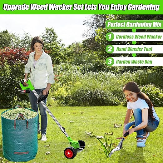 Weed Eater Cordless, Electric Weed Wacker Battery Operated Lawn Trimmer with 2 x 21V 2Ah Battery Powered & Charger, Lightweight No String Trimmer/Grass Trimmer/Edger/Mower/Brush Cutter for Garden Yard