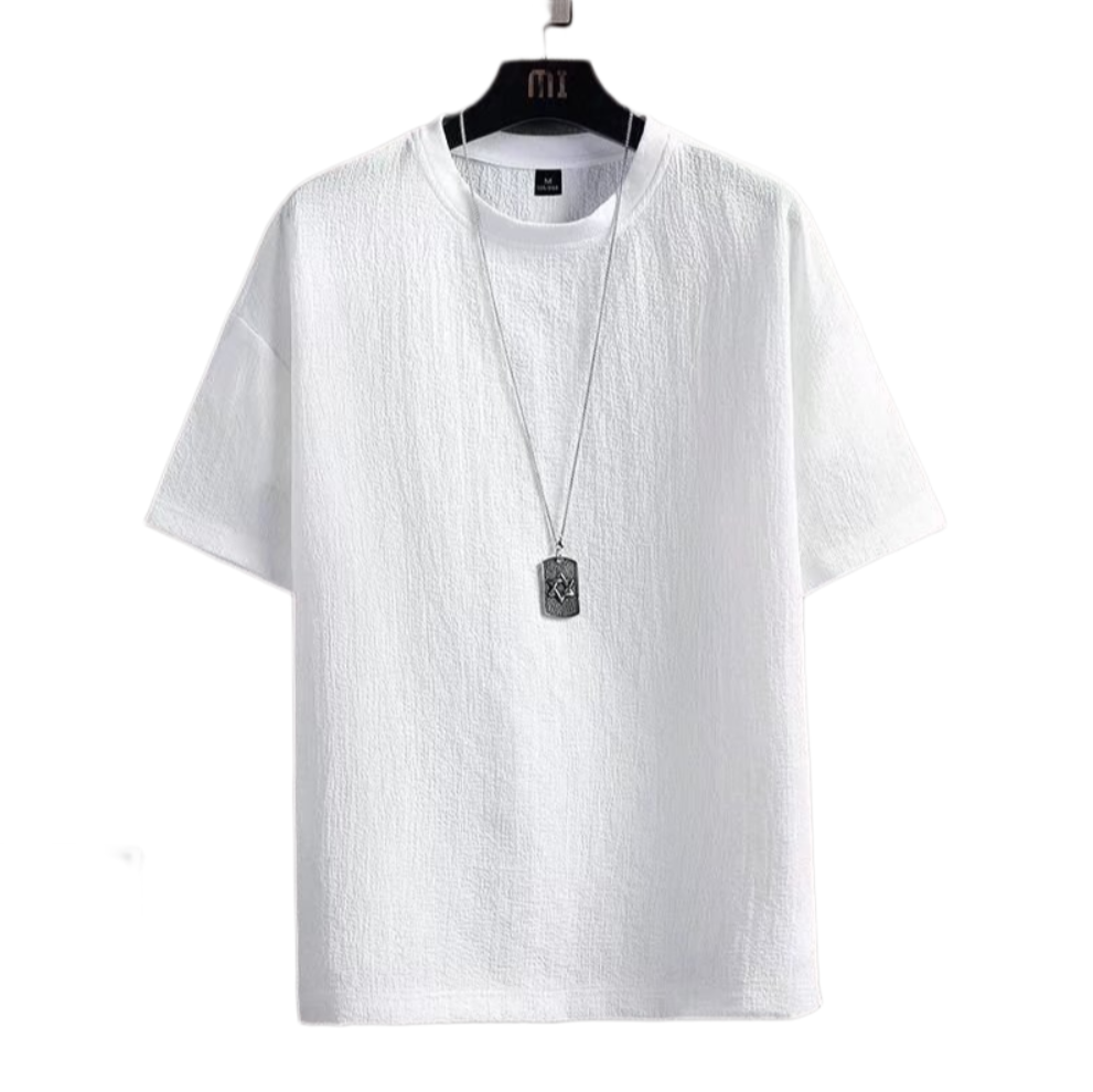 Men’s 55% Cotton 45% Linen Blend T-Shirt – 160 GSM, White Loose-Fit Summer Top with 5-Panel Sleeve Design