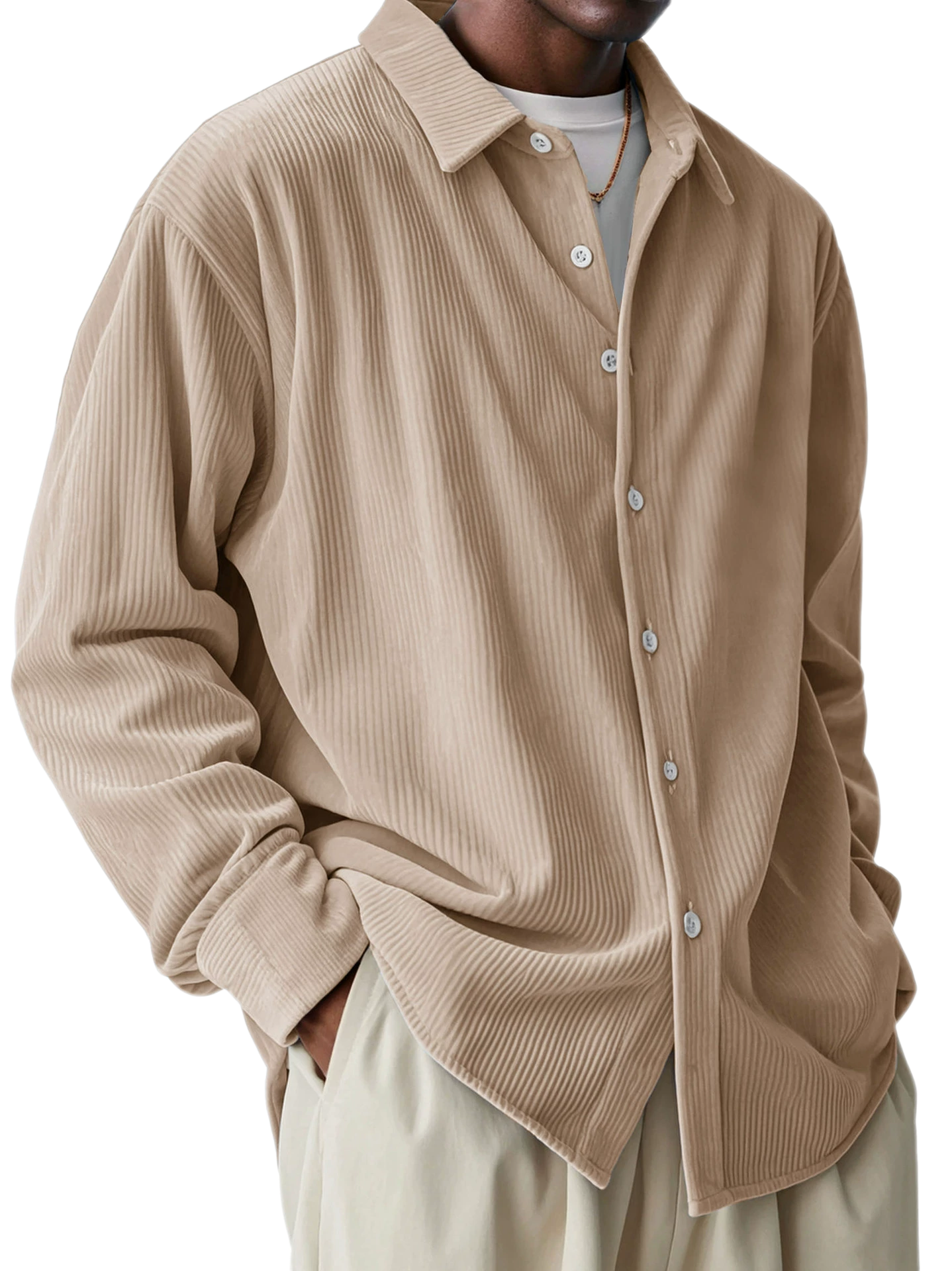 Men's Corduroy Long Sleeve Shirt Button Collar Loose Fit