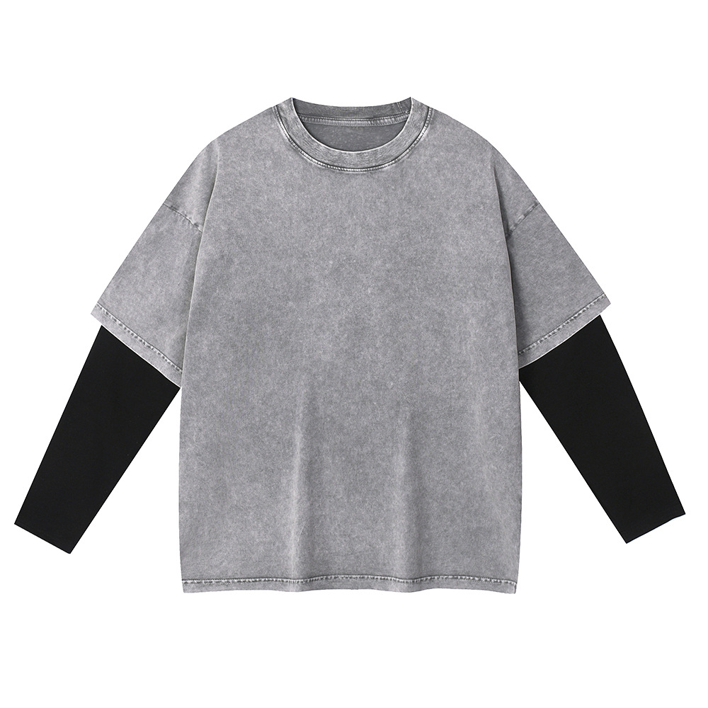 Men’s 300 GSM Distressed Cotton Blend T-Shirt – Relaxed Fit Long Sleeve, Contrast Panel Design