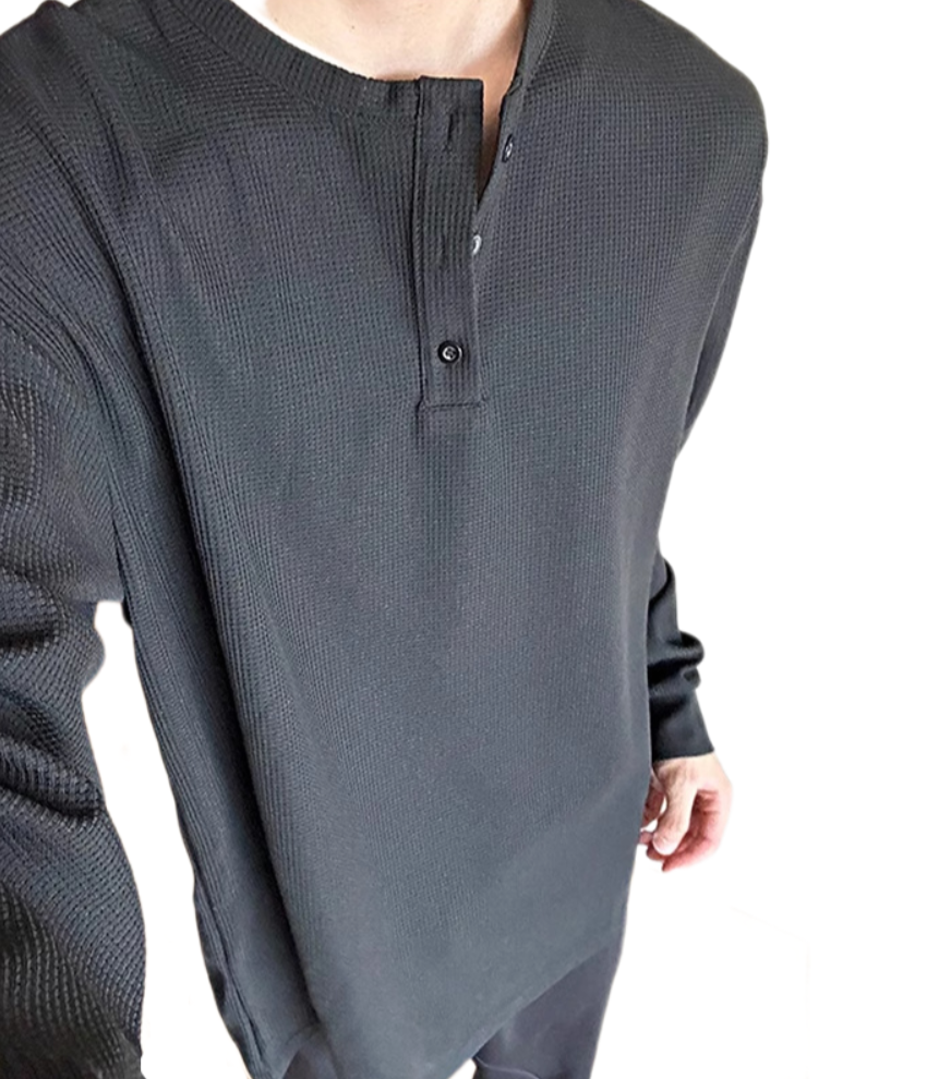 Men’s Textured Waffle Knit Long-Sleeve Shirt – 220 GSM Cotton Blend, Relaxed Fit Base Layer