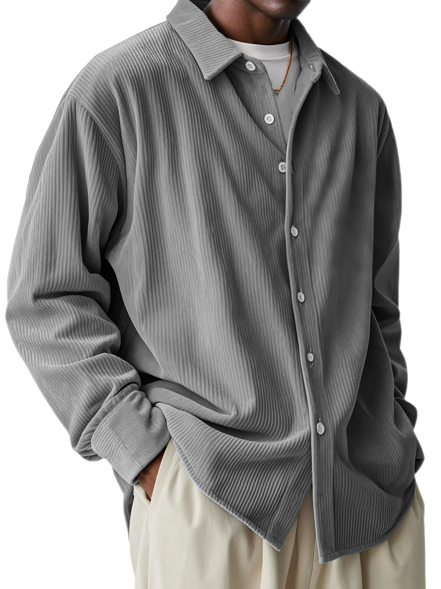 Men's Corduroy Long Sleeve Shirt Button Collar Loose Fit