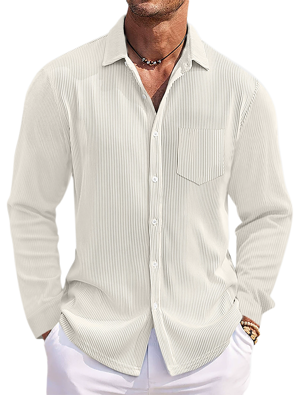 Men's Striped Long Sleeve Shirt Loose Fit Cotton-Polyester Blend