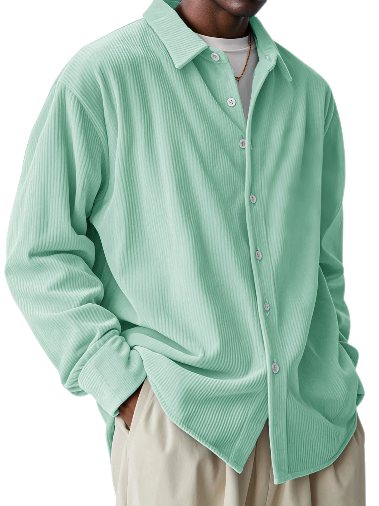 Men's Corduroy Long Sleeve Shirt Button Collar Loose Fit
