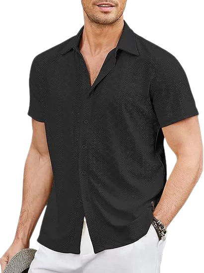 Men's Cotton-Linen Blend Button Shirt Short Sleeve UPF 30+
