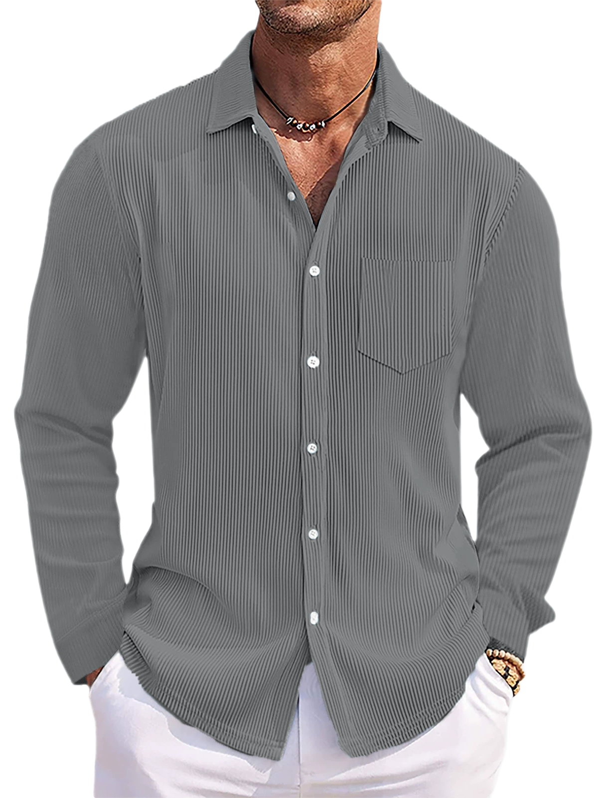 Men's Striped Long Sleeve Shirt Loose Fit Cotton-Polyester Blend