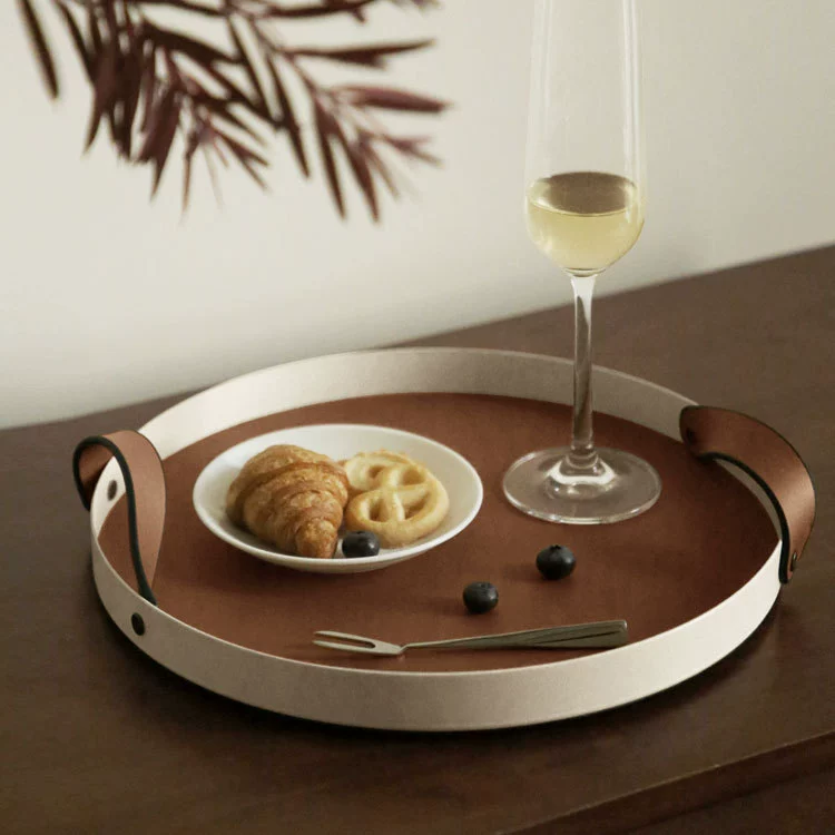 Stainless Steel Serving Tray with Full-Grain Leather | 15LB Capacity & RoHS Certified