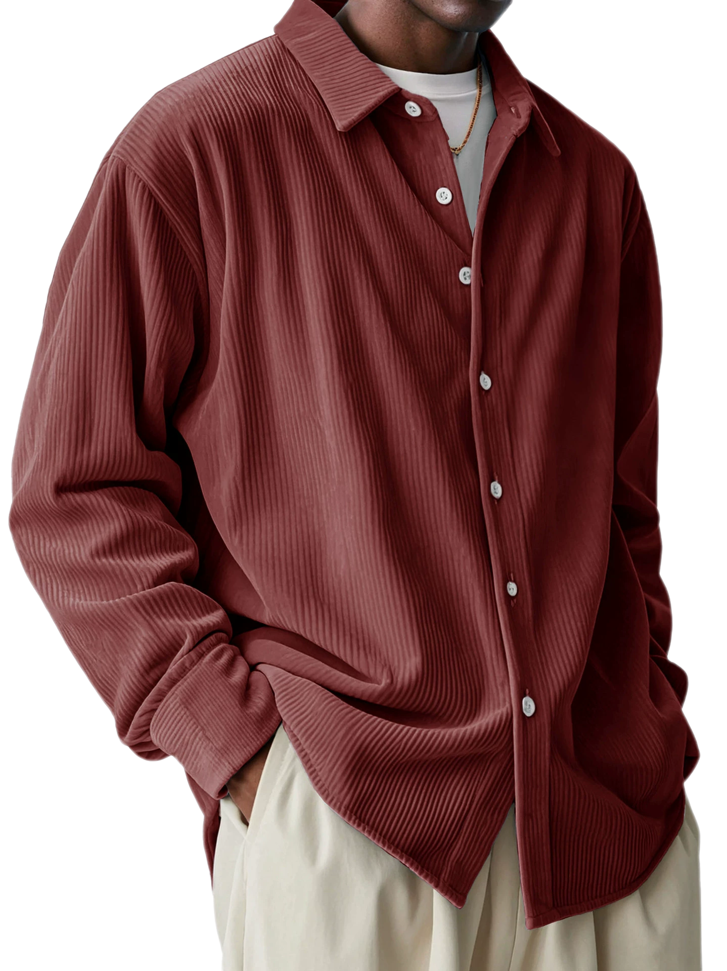 Men's Corduroy Long Sleeve Shirt Button Collar Loose Fit