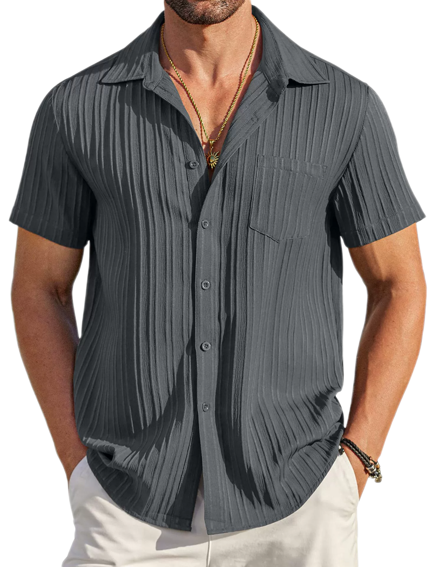 Men's Polyester-Cotton Short Sleeve Shirt Button-Up Collar Summer Casual