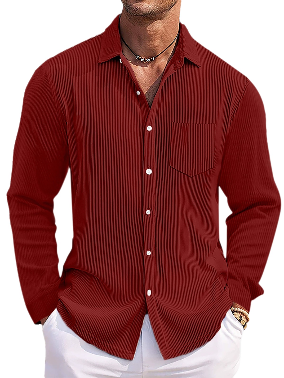 Men's Striped Long Sleeve Shirt Loose Fit Cotton-Polyester Blend