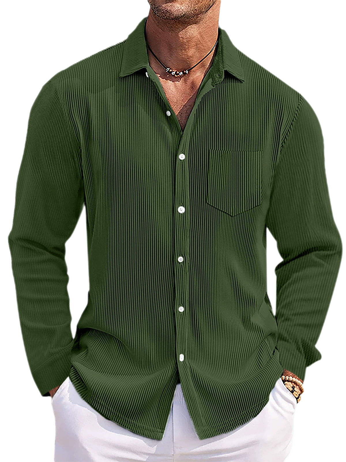 Men's Striped Long Sleeve Shirt Loose Fit Cotton-Polyester Blend