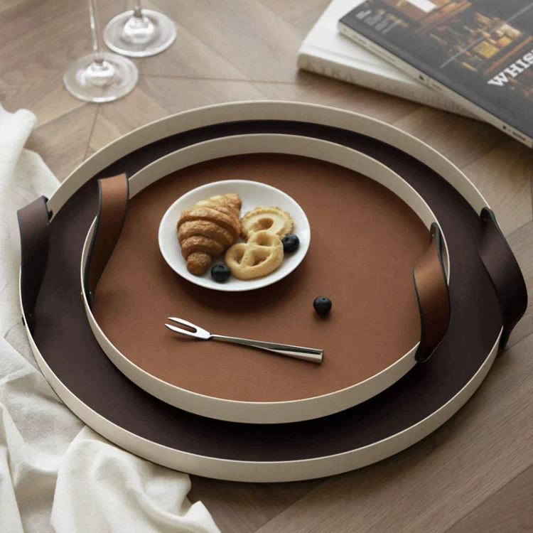 Stainless Steel Serving Tray with Full-Grain Leather | 15LB Capacity & RoHS Certified