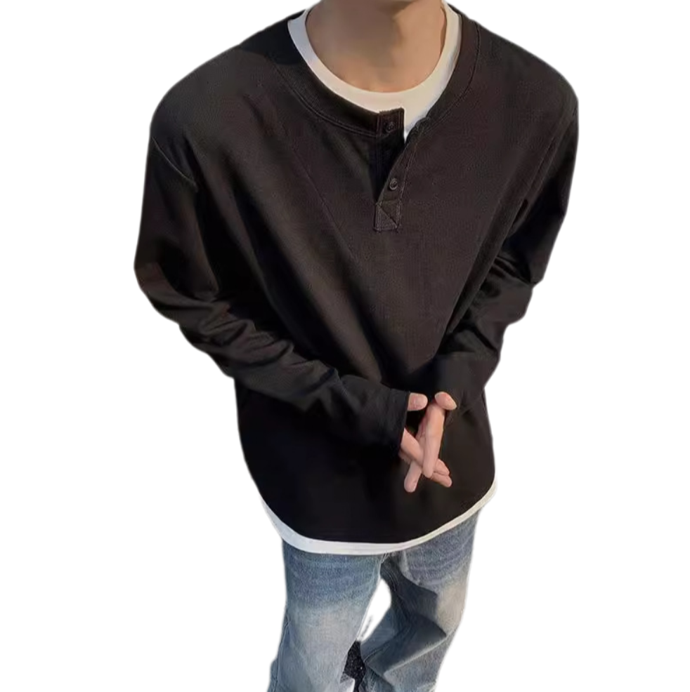 Men’s Heavyweight Henley Long-Sleeve Shirt – 280 GSM Cotton Blend, Relaxed Fit Mock Layered Design