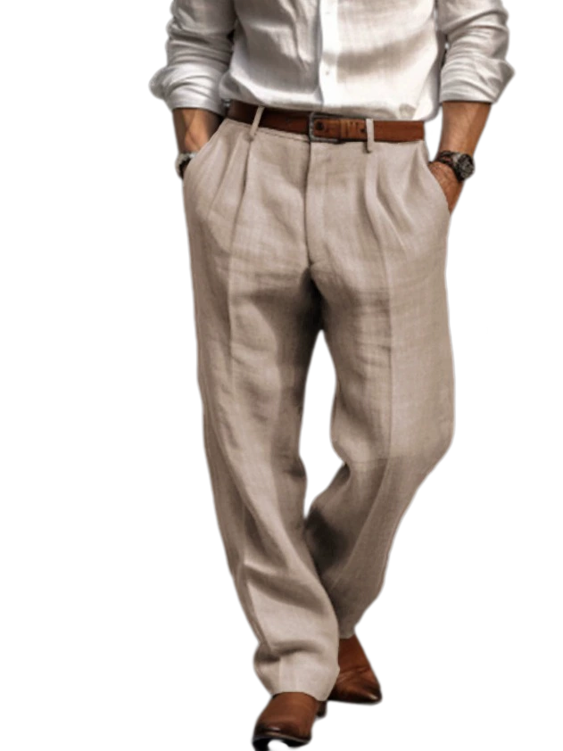 Men's Cotton-Linen Pleated Trousers Straight Leg Casual