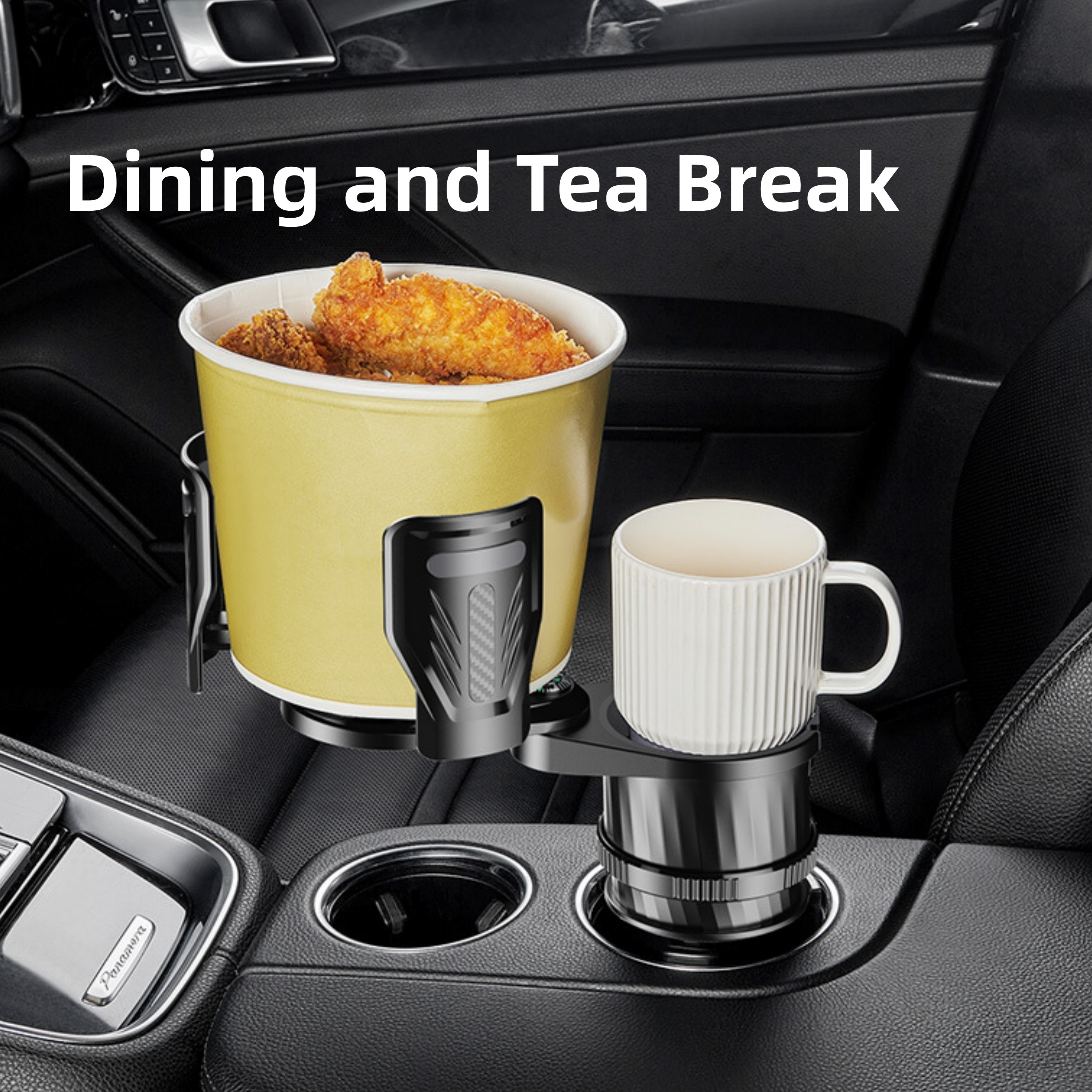 Car Cup Holder Expander Dock, 360° Adjustable Noise-Free Cup Holder Expansion, Compatible for One Existing Cup Holder, Upgrade to Two Holders, Fits Cups & Bowls, Vehicle Interior Accessory, No Drilling Required, with Compass