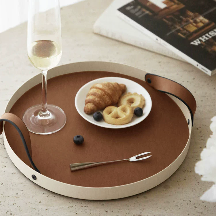 Stainless Steel Serving Tray with Full-Grain Leather | 15LB Capacity & RoHS Certified