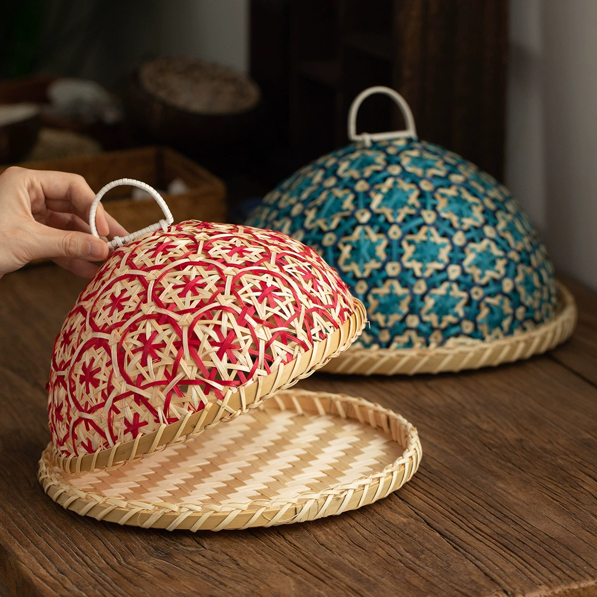 Red/Blue Rattan Food Cover Dome - Insect-Proof Round Tableware Protector