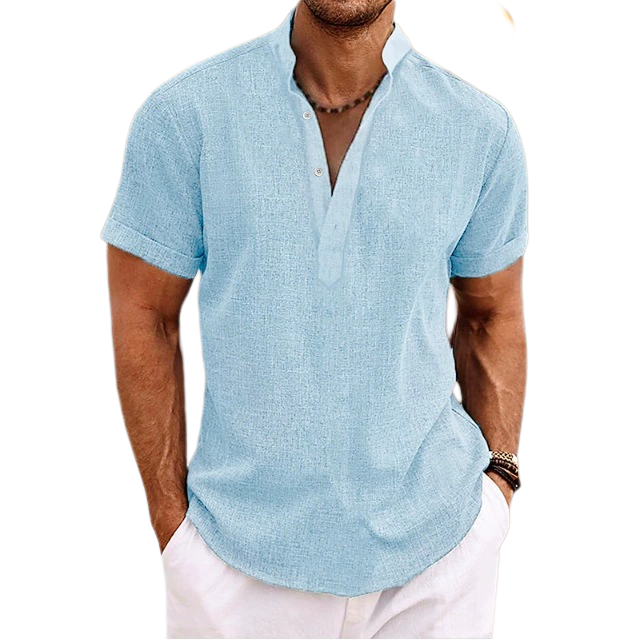 Men's 100% Linen Short Sleeve Shirt Henry Collar UPF 25+
