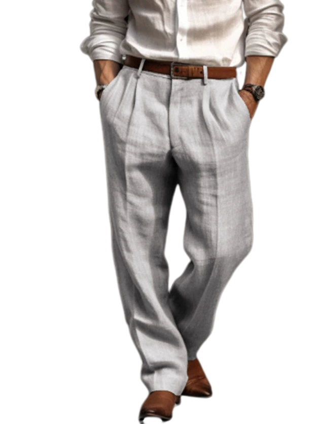 Men's Cotton-Linen Pleated Trousers Straight Leg Casual