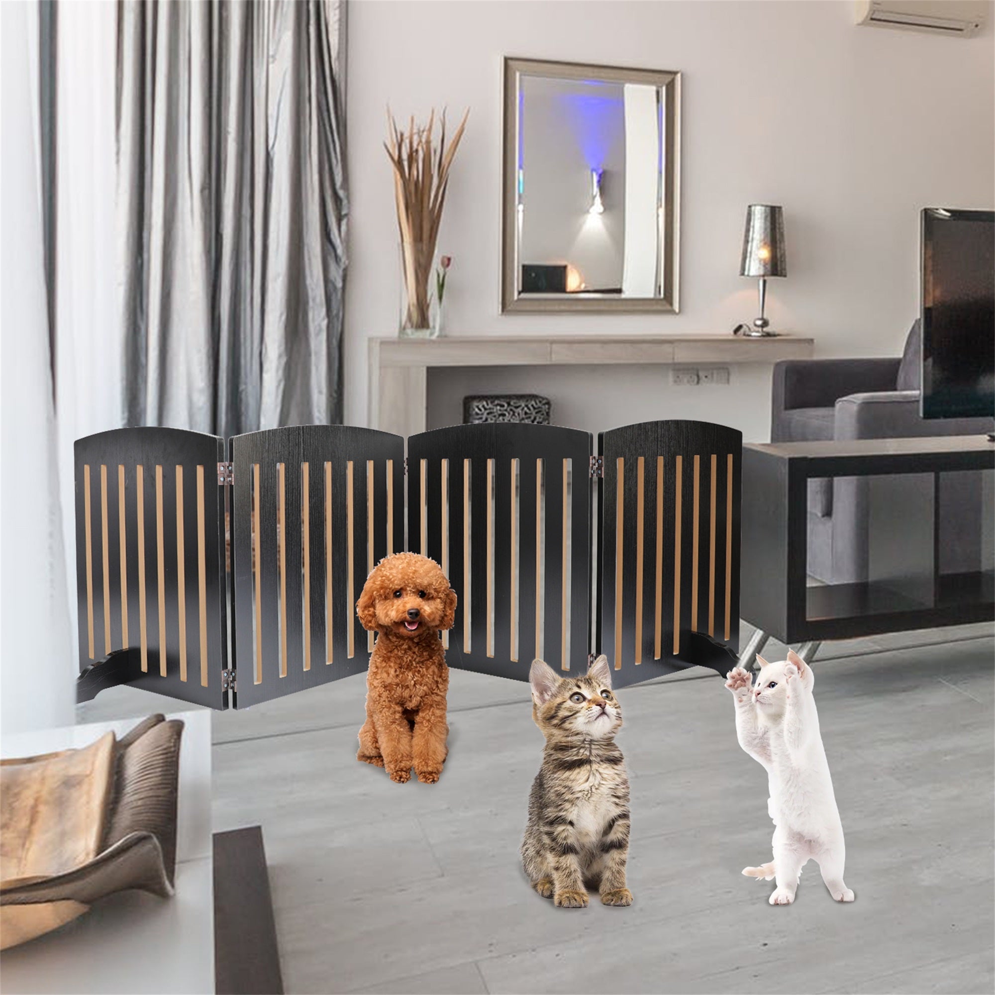 Pet Gate， 7*2 Ft Wooden Freestanding Foldable Pet Gate for DogsandCats， 4 Panels Step Over Fence， Support Feet Included， Dog Gate for The House， Doorway， Stairs， Extra Wide