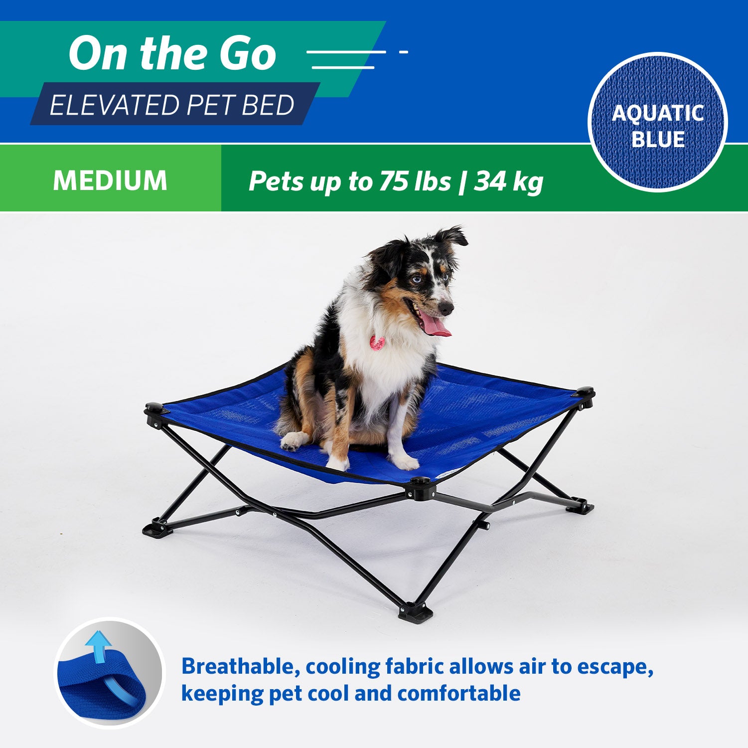 Coolaroo On the Go Elevated Travel Dog Bed， Medium， Aquatic Blue
