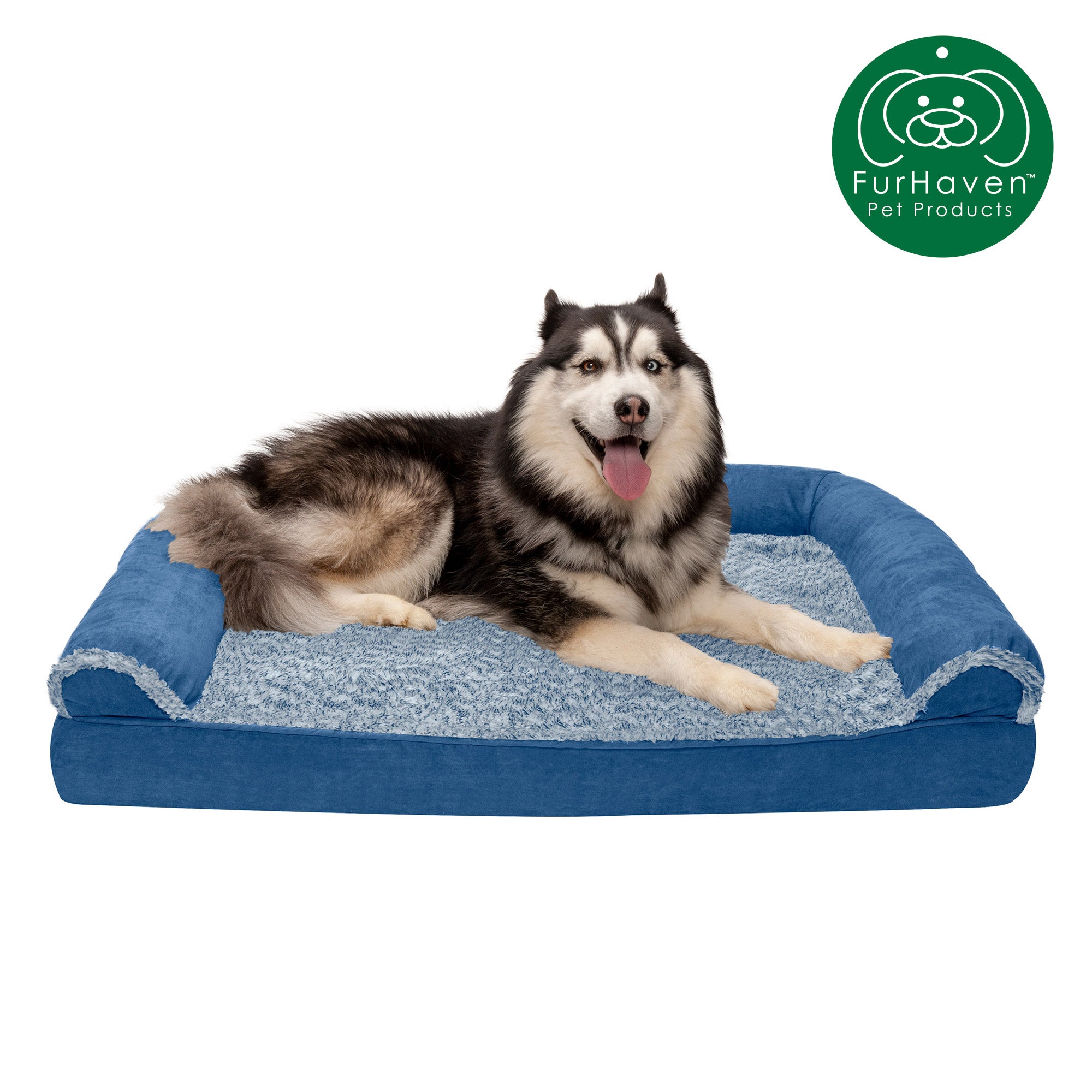 FurHaven Pet Dog Bed | Orthopedic Two-Tone Faux Fur and Suede Sofa-Style Couch Pet Bed for Dogs and Cats， Marine Blue， Jumbo