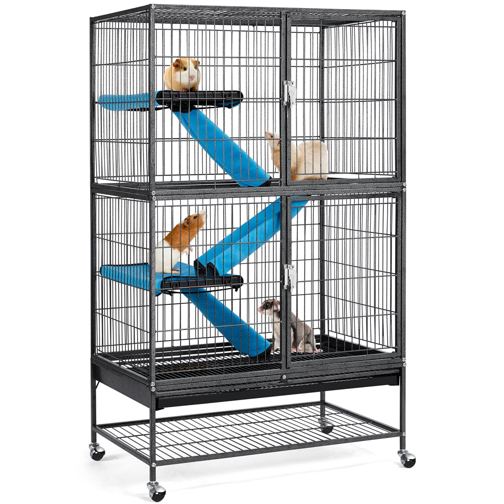 SmileMart Rolling Metal 2-Story Small Animal Cage with Removable Ramps， Hammered Black
