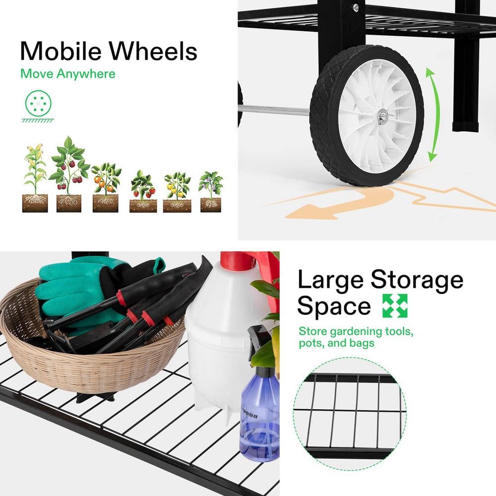 VIVOSUN 37.79 in. x 20.31 in. x 32.87 in. Black Metal Mobile Elevated Planter Box with Wheels and Storage Shelf wal-WHEEL-001J
