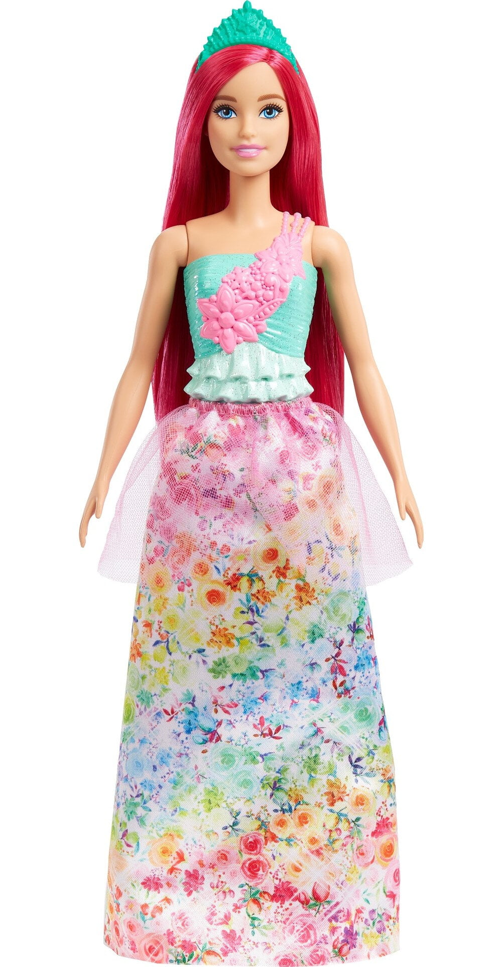 Barbie Dreamtopia Doll & Accessories, Dark Pink Hair with Floral Skirt, Shoes, Necklace & Tiara
