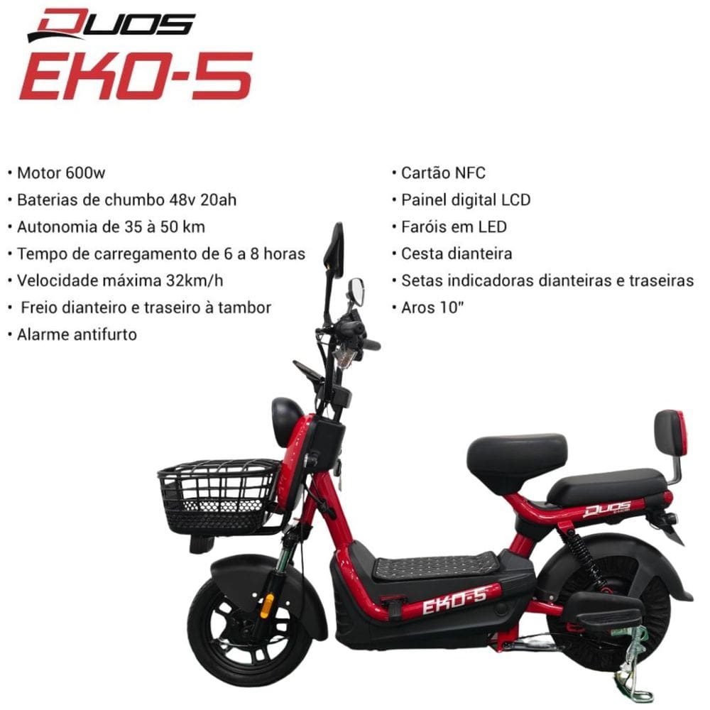 Bicicleta Scooter Elétrica 600W Alarme Eko-5 Vermelha Duos