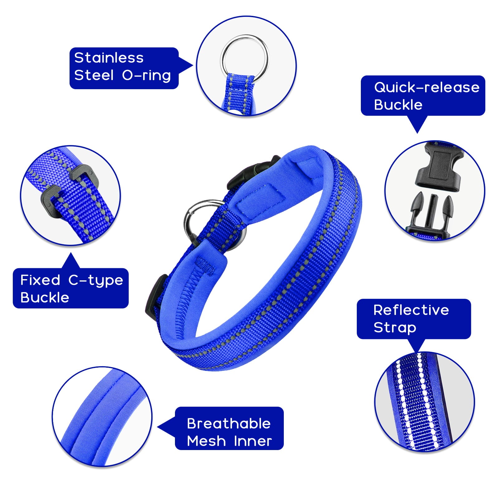 MASBRILL Dog Collar with Dog tag Reflective Soft Neoprene Padded Breathable and Adjustable， Odour Resistant and Fast Drying-Blue-M