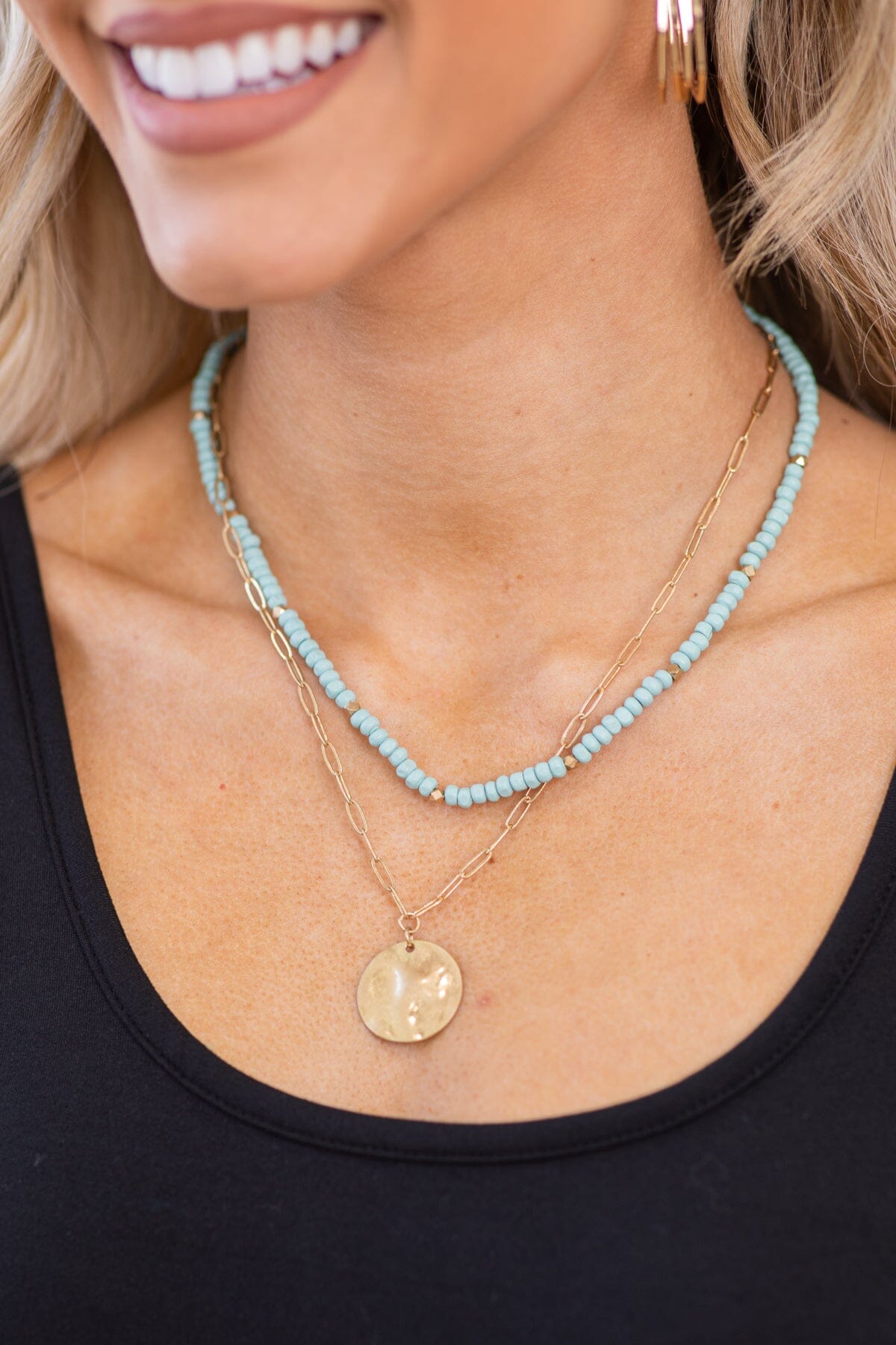 Turquoise and Gold Beaded Multi Chain Necklace