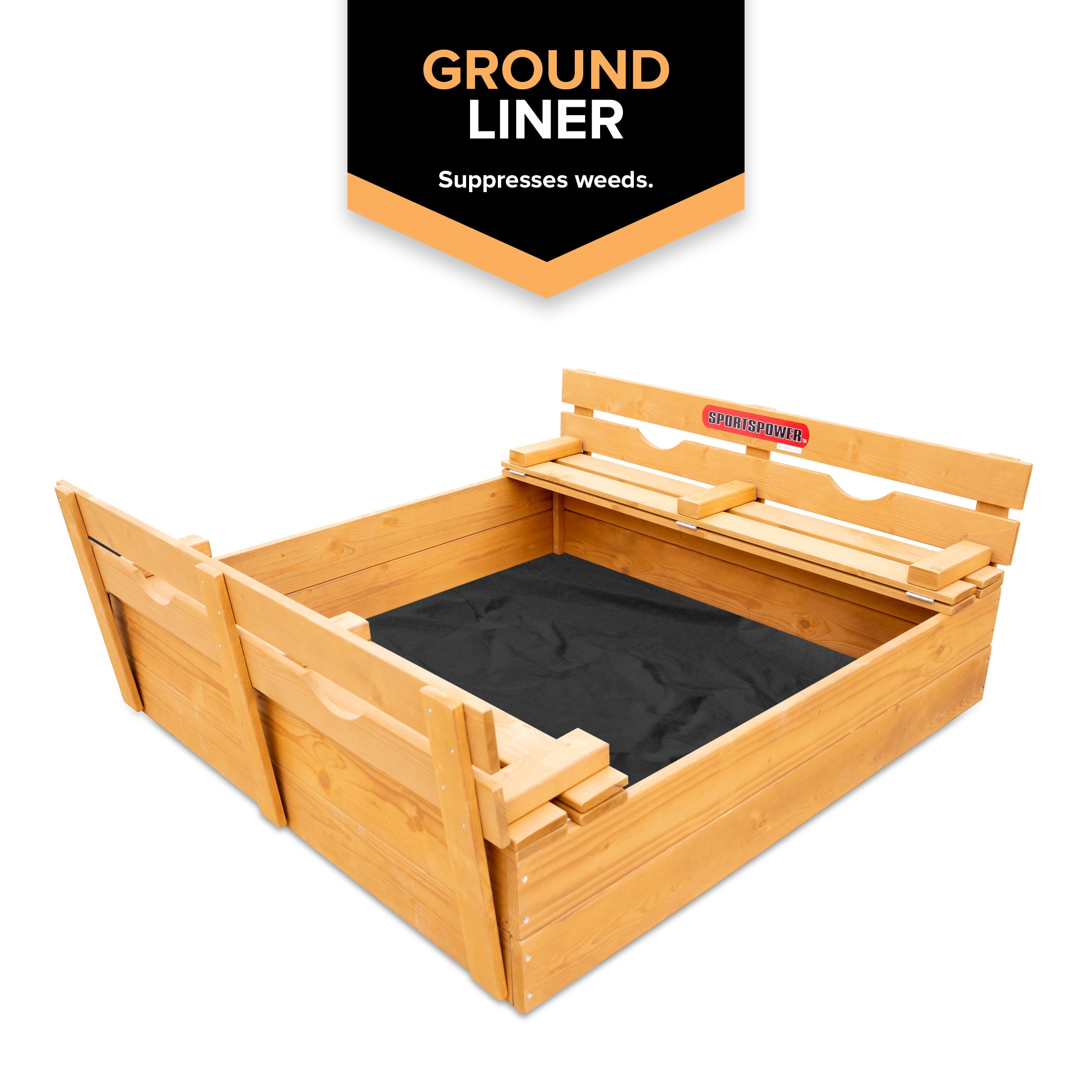 Sportspower 4.2’ x 4’ Rectangular Sandbox with 2 Wooden Bench and Ground Liner