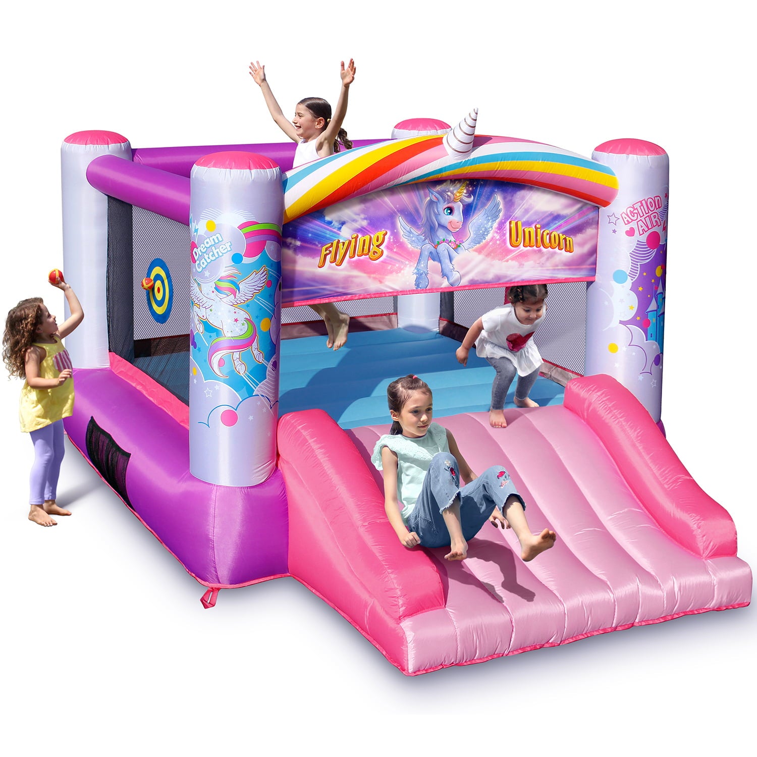 Action Air Bounce House， Pink Inflatable Bouncer with Flying Unicorn， Princess Bouncy House for Kids