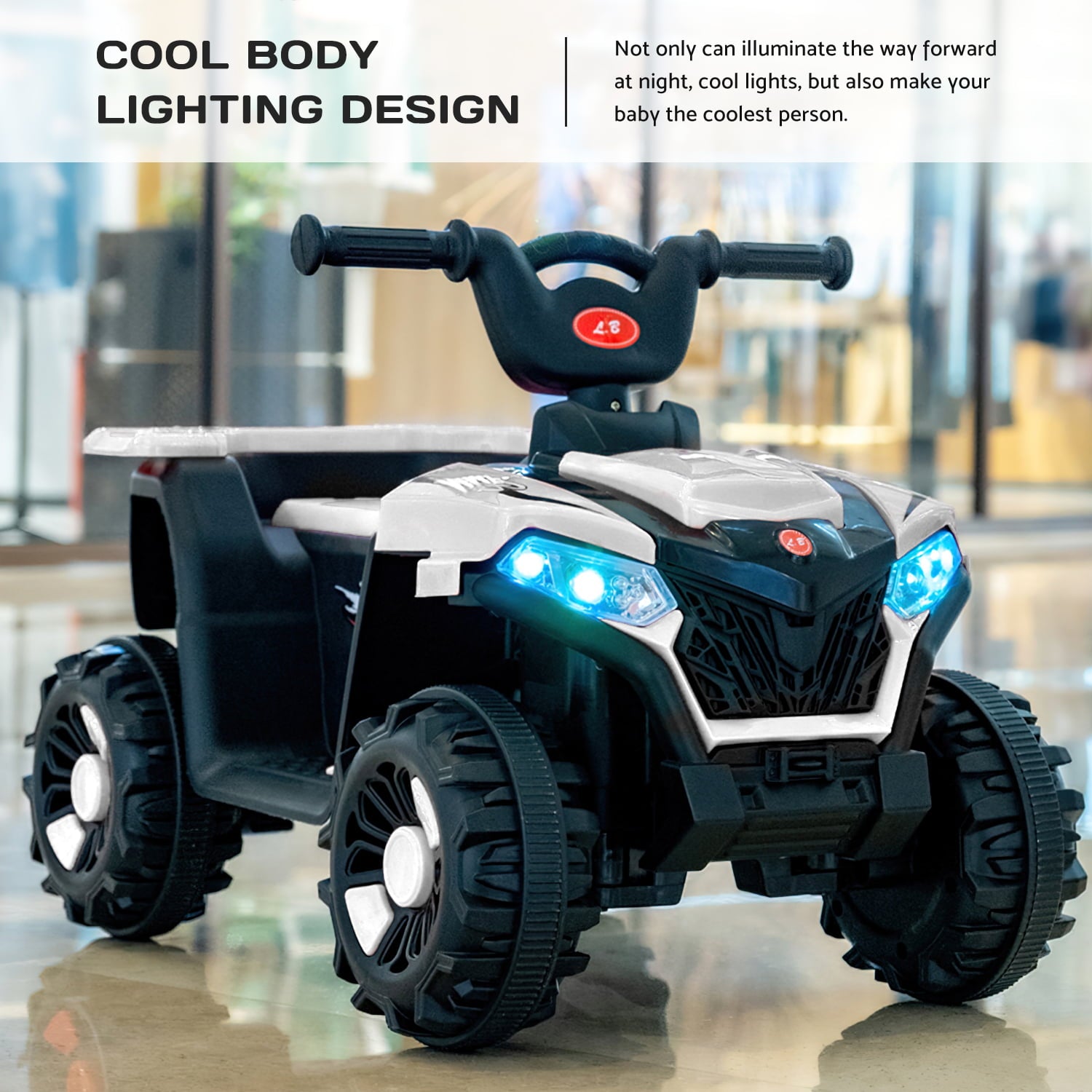 BATE Kids Ride on Toy， Battery Powered 6V 4-Wheeler ATV Quad with Music， LED Lights， White