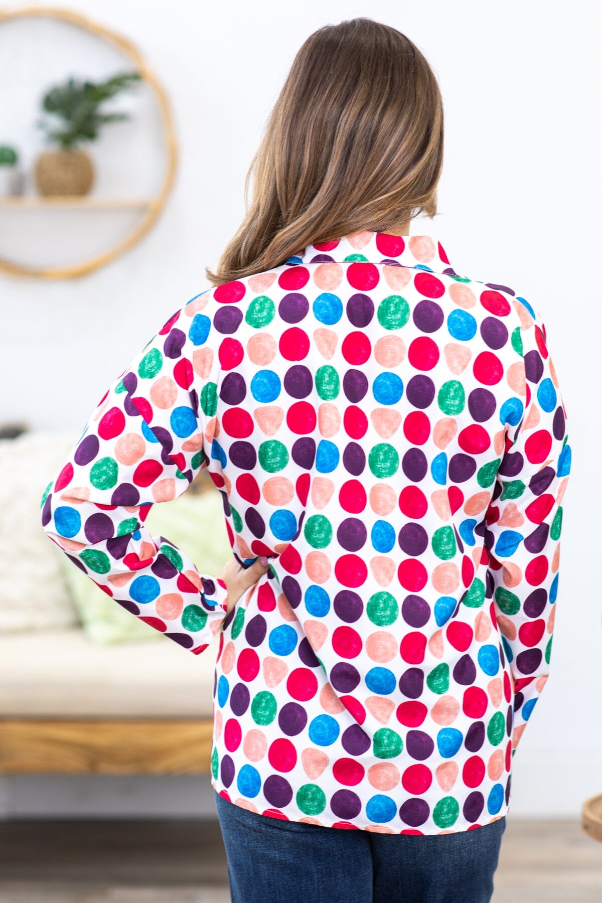 White Multicolor Polka Dot Roll Sleeve Top