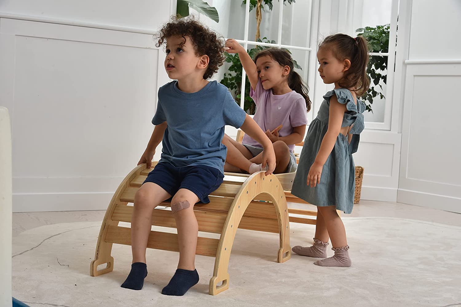 Avenlur MAPLE Montessori Waldorf Style Indoor Gym 5-in-1 Playset Foldable Triangle Ladder， Rock Climbing Ramp， Arch Climber， Slide， Rocker， Children Play Set Structure Playground Toddlers， Kids 1-6yrs