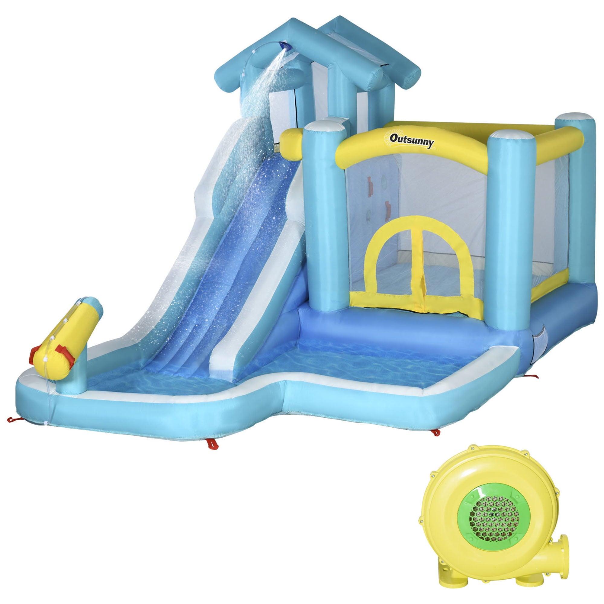 Outsunny 5-in-1 Inflatable Water Slide， Kids Castle Bounce House with Slide， Trampoline， Pool， Cannon， Climbing Wall Includes Carry Bag， Repair Patches， Ocean Balls， 680W Air Blower