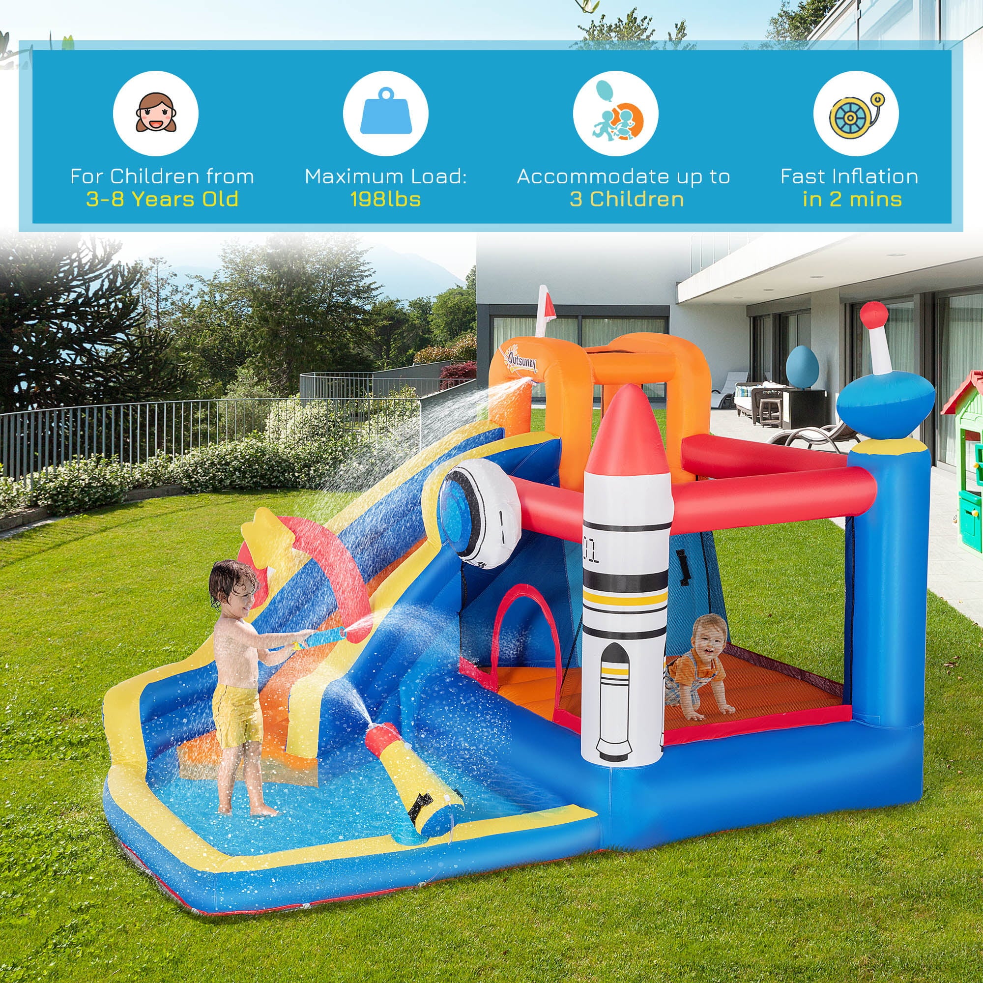 Outsunny 5-in-1 Backyard Inflatable Bounce House with Slide， Climbing Wall， Water Gun， and More， Inflatable Water Slide for Kids with 2 Min. Inflation， Large Outdoor Game for Birthday Party Activities