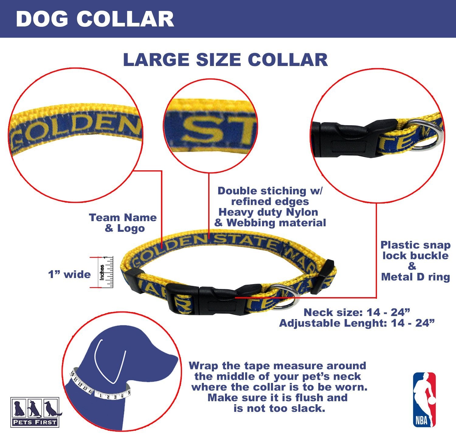 Pets First NBA Golden State Warriors Pet Collar， 3 Sizes Available， Sports Fan Dog Collar