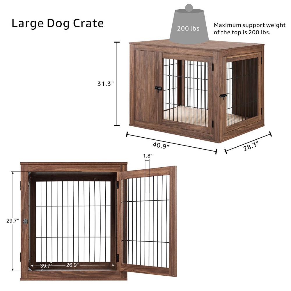 Unipaws Dog Crate End Table with Cushion， Wooden Wire Pet Kennels with Double Doors