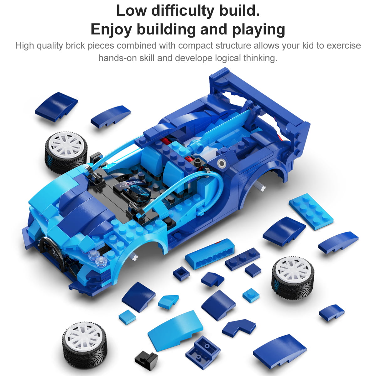 CaDA® Blue Warrior GT500 Supercar Programmable Remote Control Sports Car Model Building Block Toy C51077W Building Kit and Engineering Toy for Kids (325 Pieces)