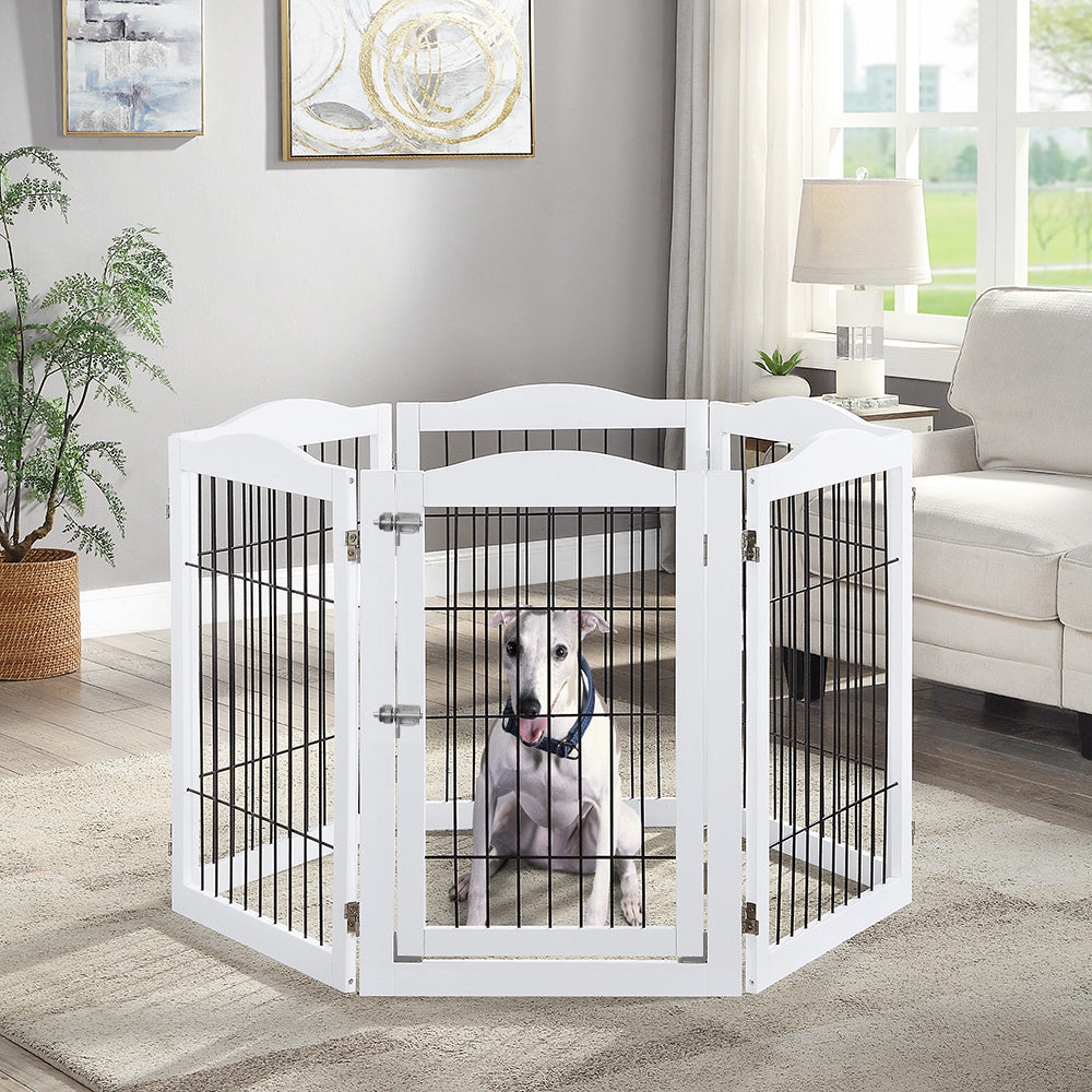 Unipaws Pet Gate Extra Wide， Freestanding Pet Playpen 6 Panels， Dog Gate with Wire， White