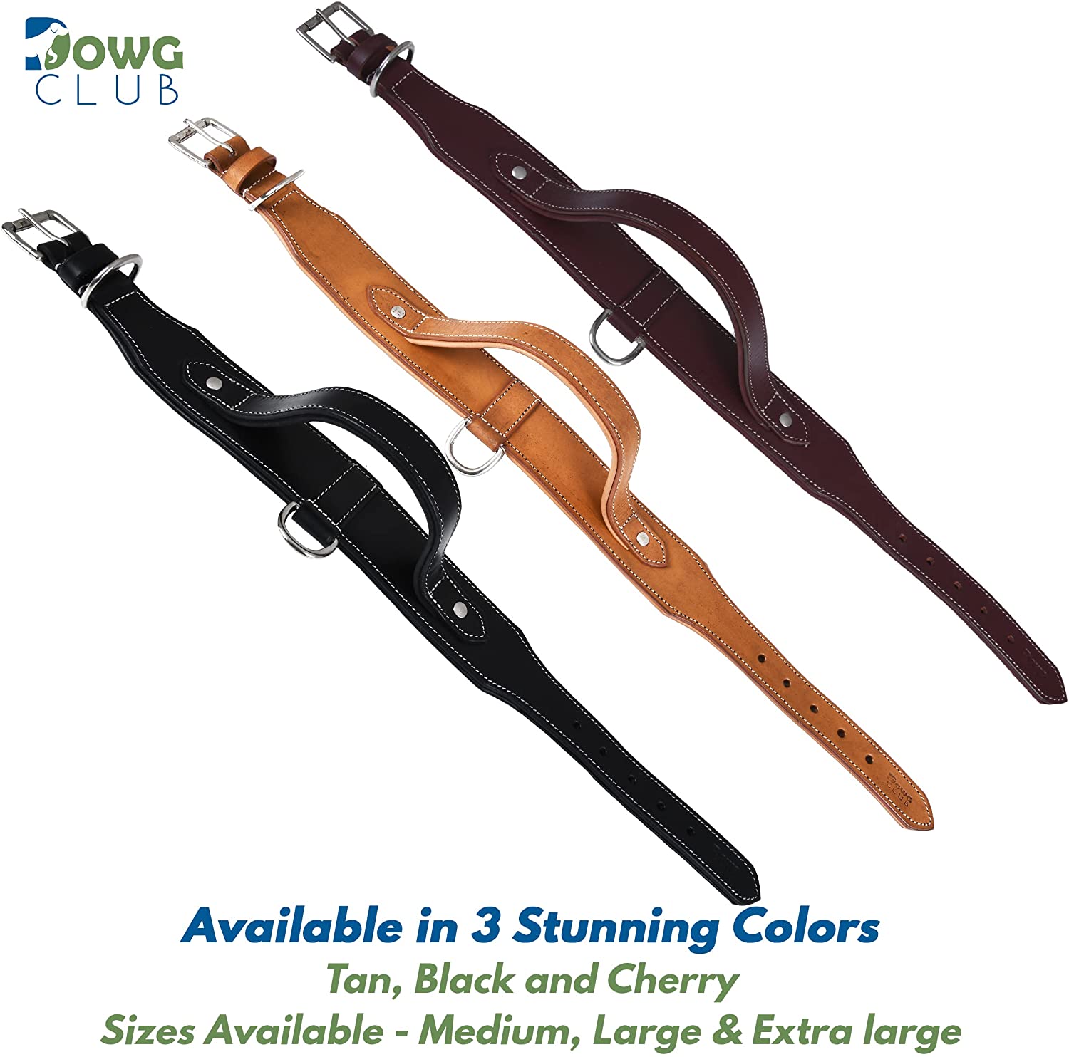 DowgClub | Genuine Leather Heavy Duty Tactical Dog Collar with Handle | Saddle Grade， Full Grain， Heavy Duty | Comfortable， Cushion Padding Inside， Strong | Best for Medium， Large and X-Large Breeds