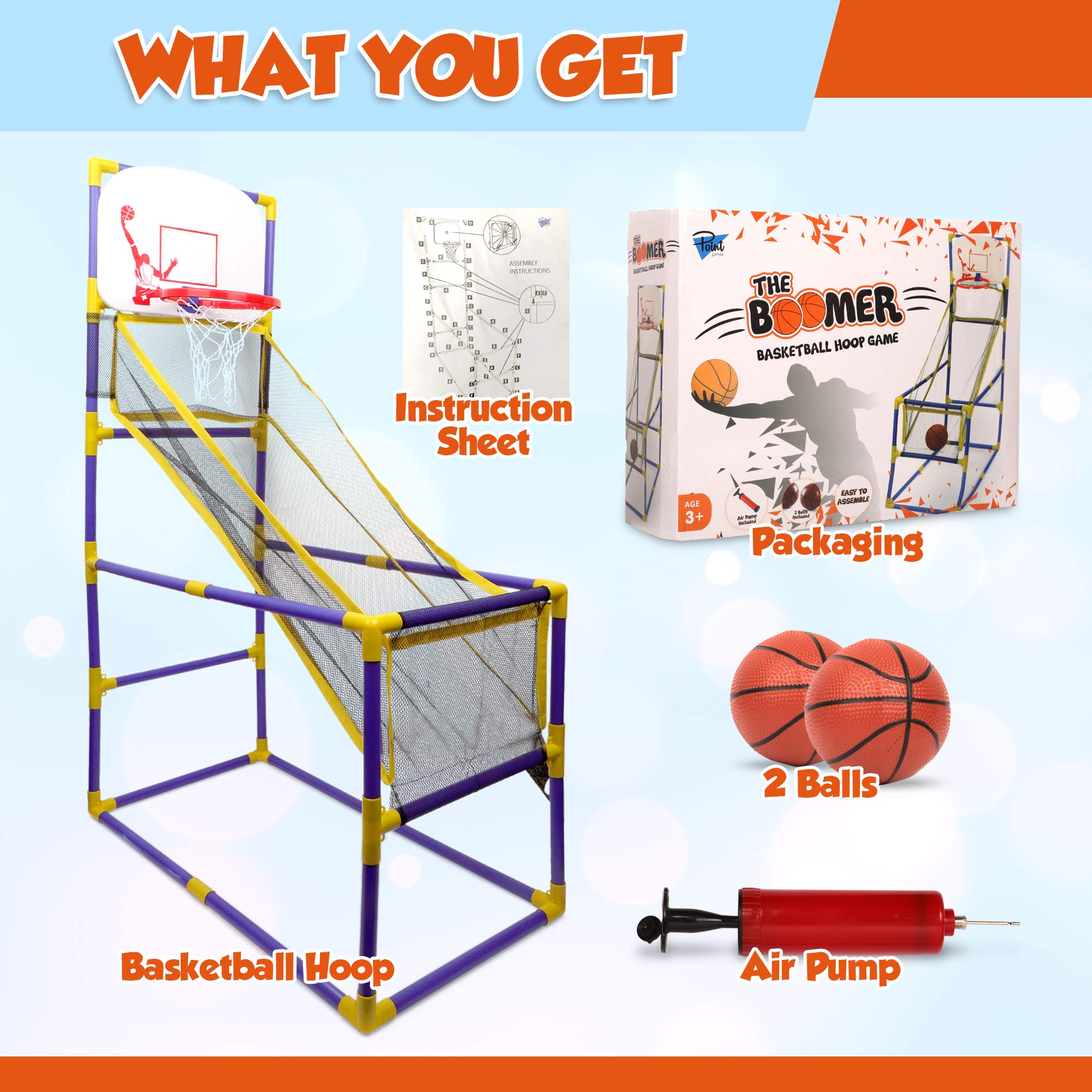 Point Games The Boomer Basketball Hoop Game， Indoor or Outdoor Arcade Sport Toy， Easy to Install， Fun and Entertaining for all Ages